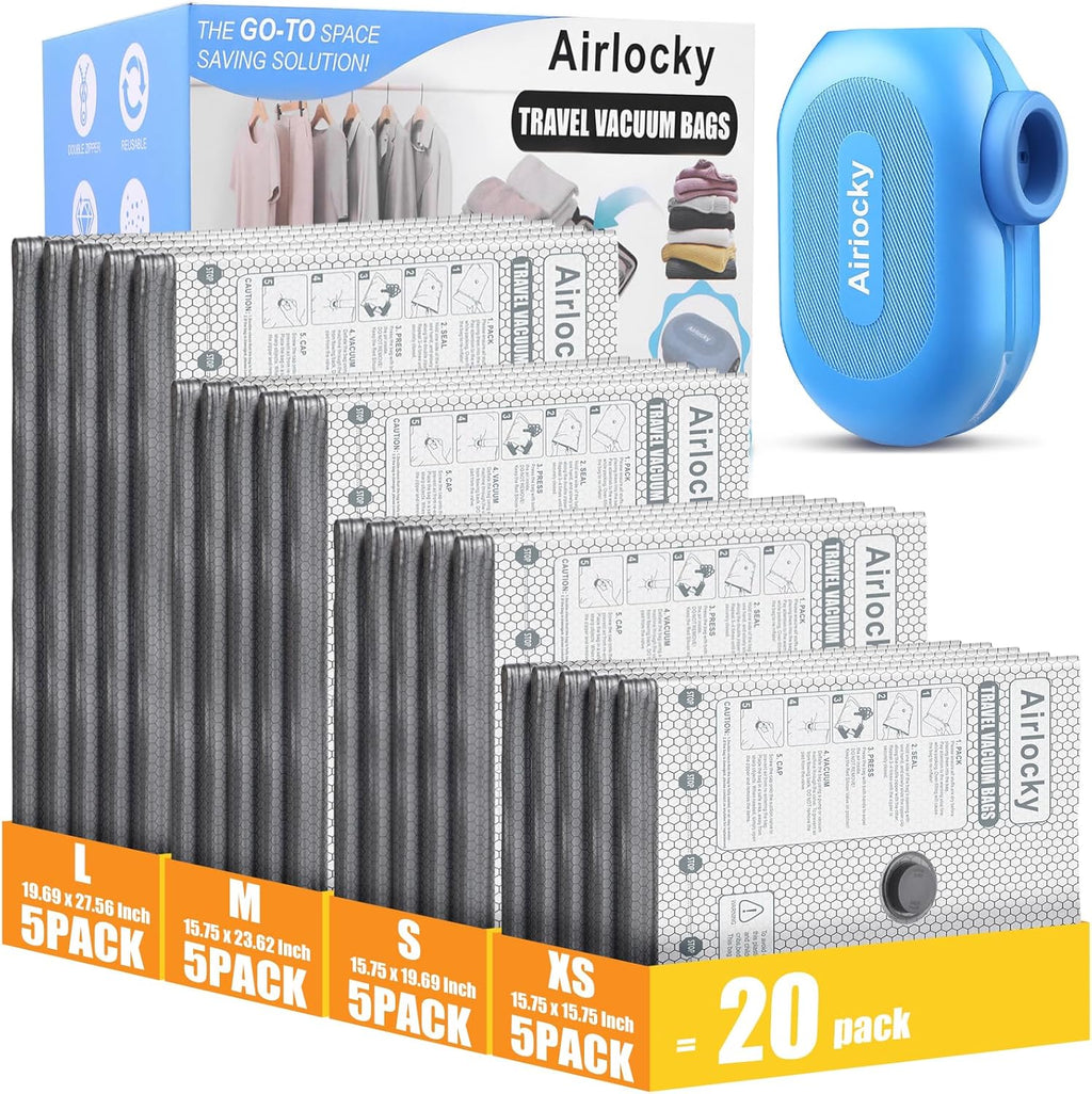 Skiennix Travel Vacuum Storage Bags - 20 Pack Compression Packing Bags with Electric Pump | 80% Space Saver for Luggage