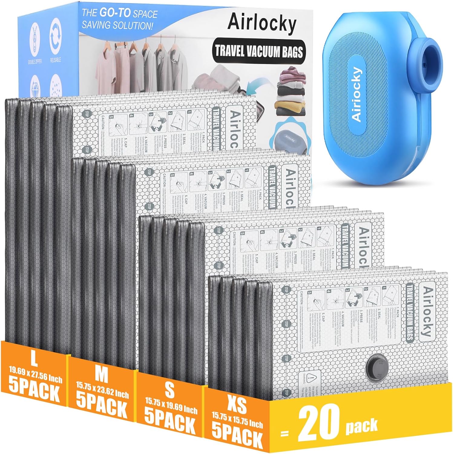 Skiennix Travel Vacuum Storage Bags - 20 Pack Compression Packing Bags with Electric Pump | 80% Space Saver for Luggage
