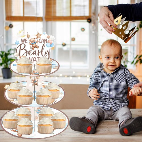 Keluna Bear Baby Shower Decoration - 2 Pcs 3 Tier We Bearly Cupcake Stand for First Birthday Party Supplies, Bearly Wait Bear Dessert Stands Favors Decorations Cupcake Holder