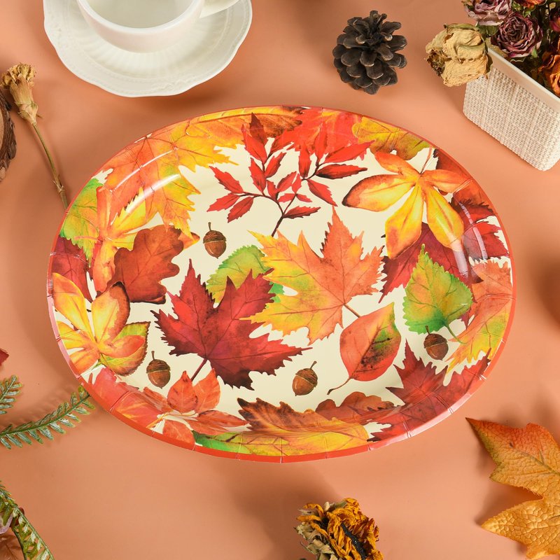 Elyxio 50 Pcs Thanksgiving Leaves Oval Paper Plates Fall Disposable Party Plates Autumn Dinner 10" X 12" Dinner Serving Dish Platters for Harvest Give Thanks Party Tableware Supplies