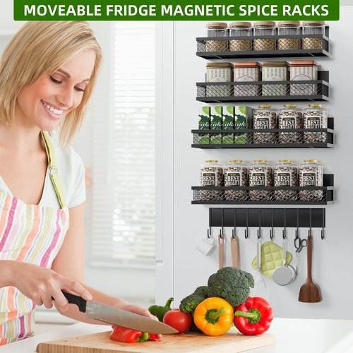 Umomi Magnetic Spice Rack for Refrigerator, 5 Pack Magnetic Shelf for Refrigerator, Moveable Fridge Magnetic Spice Racks with 10-Hook Rack for Kitchen Organizers and Storage