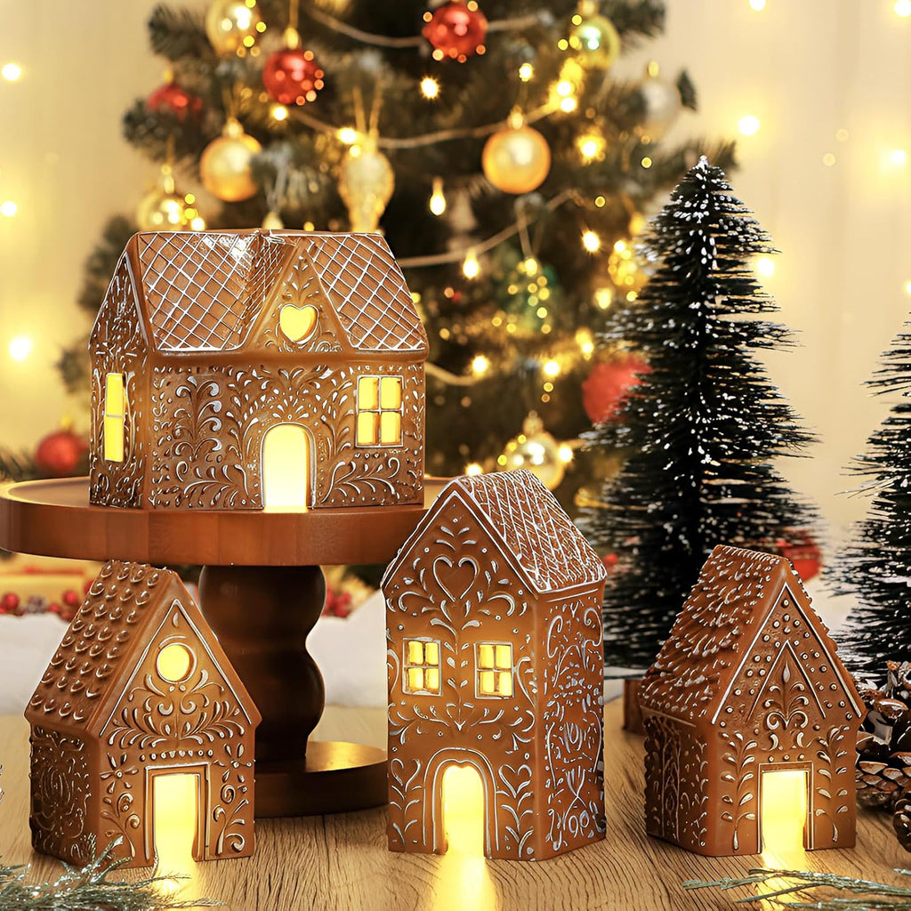 Thyle Christmas Lighted Gingerbread House Figurine - 4 Pcs Resin Village Decor with LED Lights