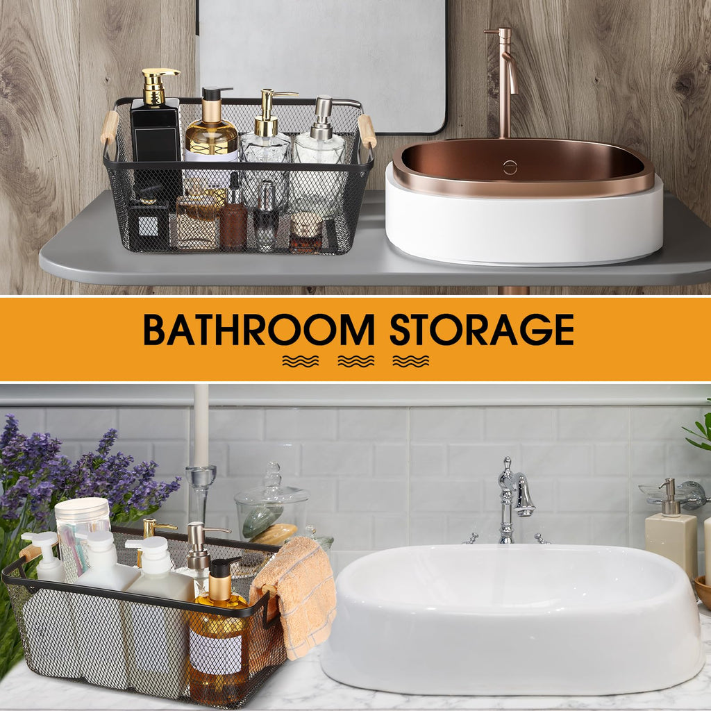 Ziliny 4 Pcs Metal Wire Basket with Wooden Handles Mesh Steel Storage Organizer Bin Containers for Home Organizing Cabinet Pantry Closet Kitchen Fridge Fruit Makeup Snacks Gifts(Large,Black)