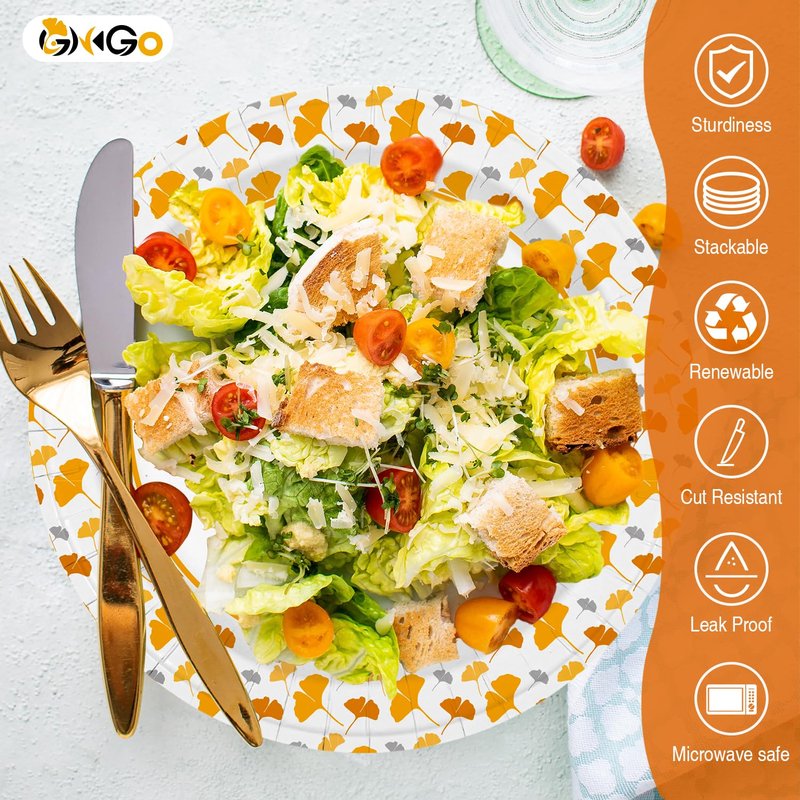 Ginkgo Paper Plates 10 Inch Bulk 100 Count, Heavy Duty Disposable Thanksgiving Plates and Fall Friends Party Paper Plates and Daily Use