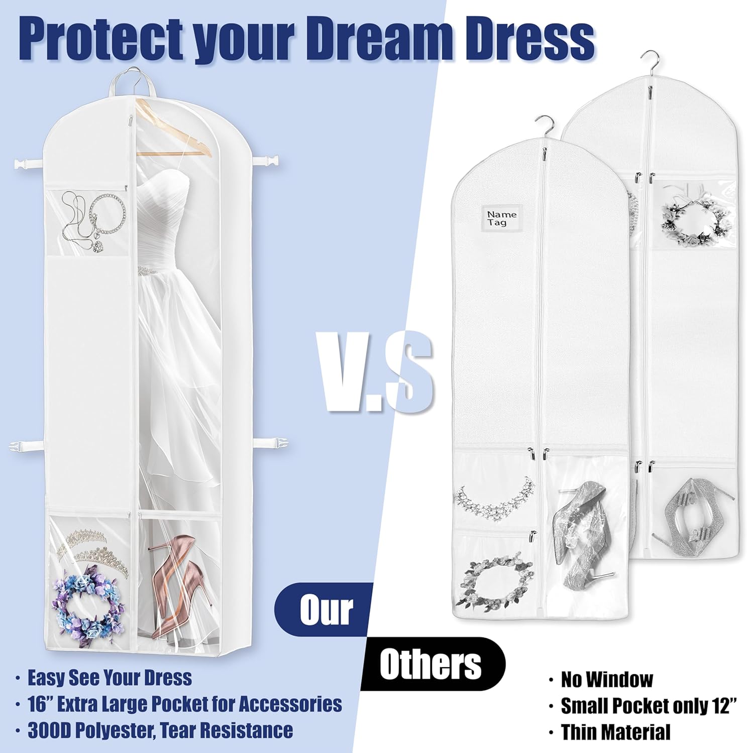 Simple Houseware Wedding Dress Garment Bag - 70-Inch Long, 8-Inch Gusseted Design with Pockets, White