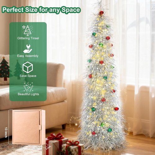 BrilliantJo 6ft Artificial Christmas Tree - Lighted with Ornaments & Collapsible Stand | Silver Tinsel Decor