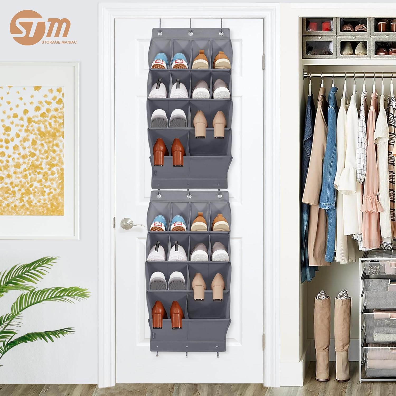 Storage Maniac Over Door Shoe Organizer - 12 Pocket Hanging Rack for Closet & Dorm | Grey