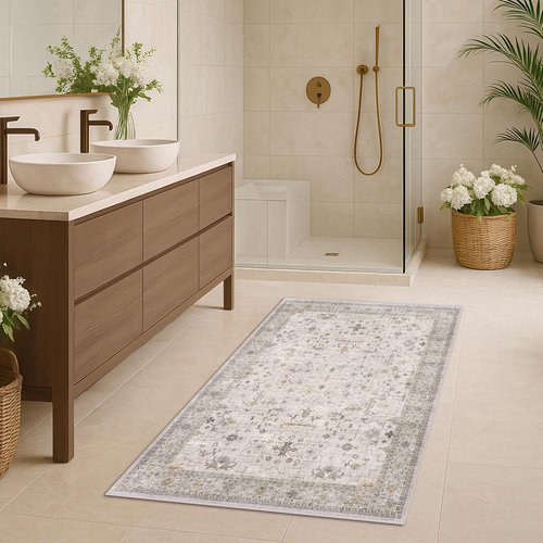Boho Bathroom Rug by Light Grey | Large 3x5 Washable, Non-Slip Floral Design for Entryway, Kitchen, Bedroom