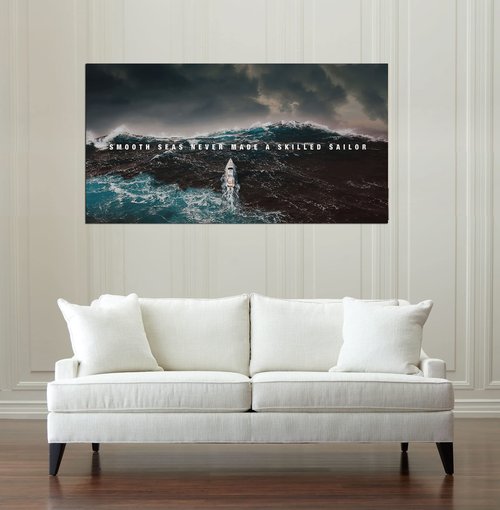 Sea Waves Canvas Prints Wall Art Inspirational Smooth Sea Never Made a Skilled Sailor Wall Art Canvas Print Framed Picture Painting for Office Hallway Home Decor-24"x48"