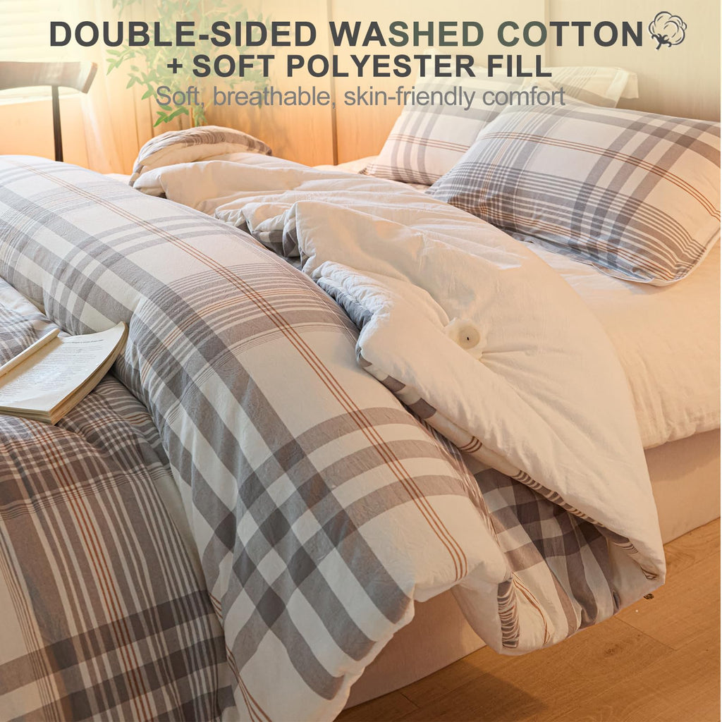 hadamick 100% Cotton Comforter Set Full Size – Reversible Yarn-Dyed Checkered Design, Soft Washed Cotton on Both Sides, Lightweight All-Season Bedding, Machine Washable(Grey White Plaid, 80”x90”)