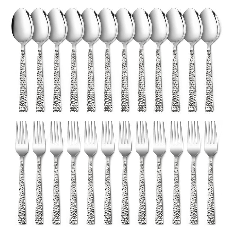 E-far 24-Piece Hammered Forks and Spoons Silverware Set, Stainless Steel Square 12 Dinner Forks and 12 Dinner Spoons, Modern Metal Flatware Cutlery for Kitchen and Restaurant, Dishwasher Safe-7.9 Inch