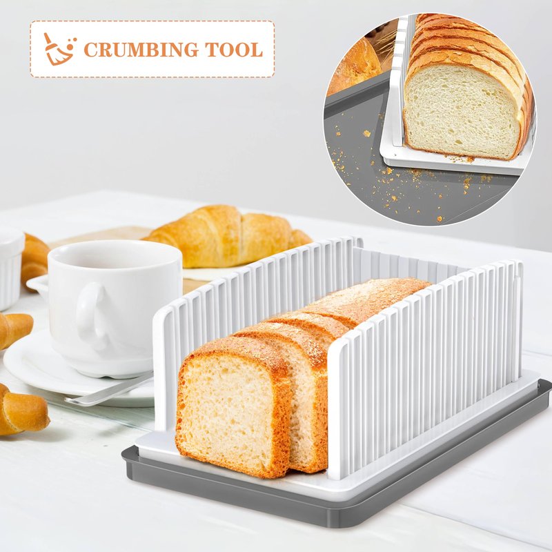 New Upgrade Bread Slicer for Homemade Bread, Bread Slicing Guide Adjustable Width with Grey Crumb Tray, Foldable Compact Cutting Guide for Homemade Bread,Bagels,Loafs,Cakes, Kitchen Gifts, White