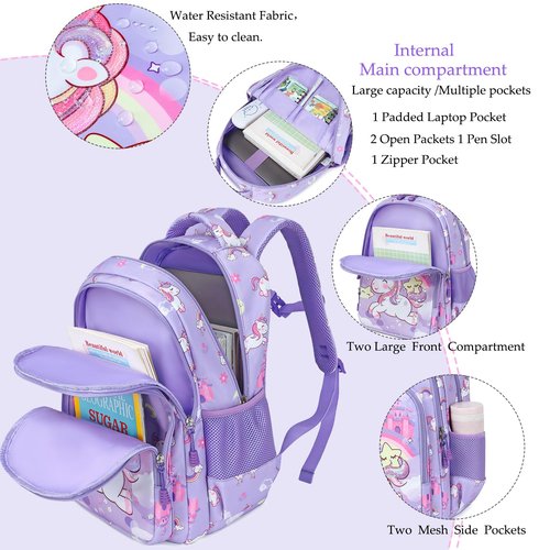 Dafelile Unicorn Backpacks for Girls Sequin Girls Backpack for Elementary Kids School Bookbag Set Water Resistant(Purple)