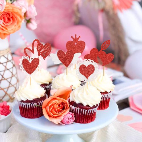 Ercadio Red Heart Cupcake Toppers - Glittery Valentine’s Day Picks for Bridal Showers & Parties | 24 Pack