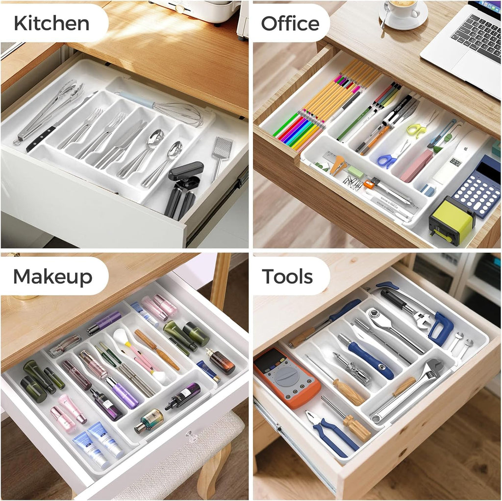 Ukeetap Extra Large Expandable Silverware Organizer - BPA-Free Cutlery Holder for Kitchen Drawers | White