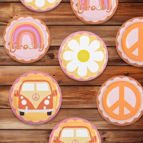 AimFun 48 Pcs Groovy Party Plates Retro Hippie Boho Paper Plates 60s 70s Party Decorations 9" Daisy Flower Peace Round Disposable Plates for Birthday Baby Shower Wedding Bridal Tableware