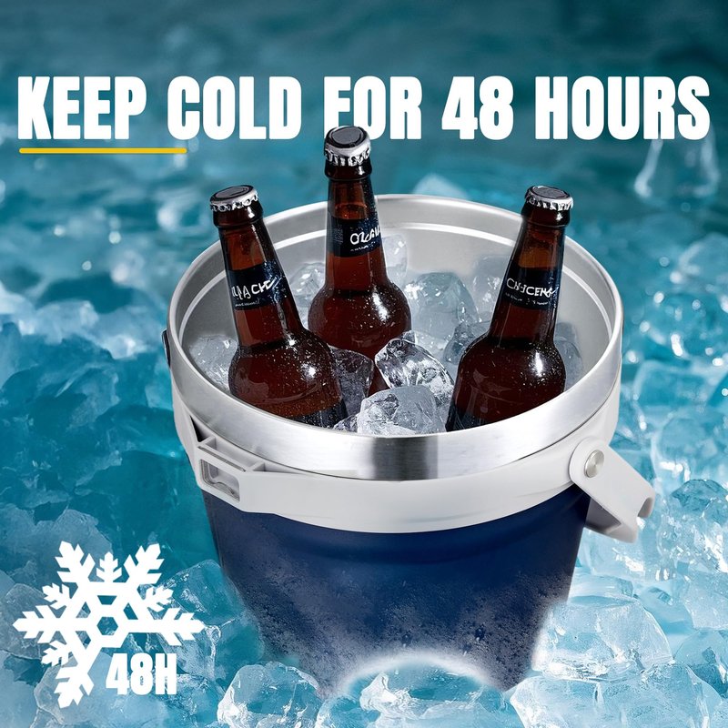 COKTIK 7L Vacuum Insulated Ice Bucket with Lid and Scoop& Tongs，Large capacity Stainless Steel Beverage Bucket for Cocktail, Champagne, Wine, Beer，Large Parties（Dark Blue Suit）