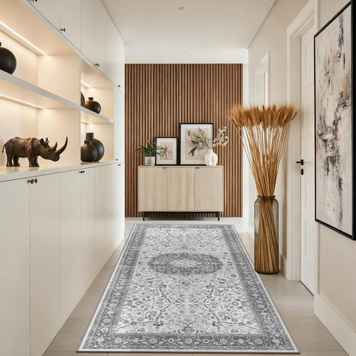 **Regine Switzerland Washable Runner Rug - Stain Resistant Oriental Design | 4x8 Feet, Grey for Entryway & Kitchen**
