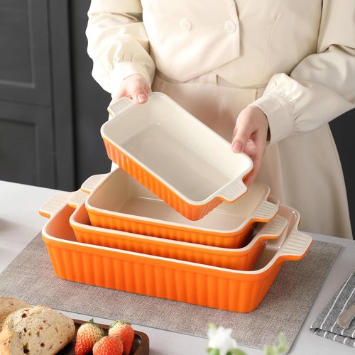 MALACASA Bakeware Set - 4-Piece Porcelain Baking Pans for Oven | Casserole & Lasagna Dishes, Orange