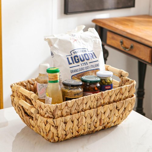 Mowtanco Woven Storage Baskets - Set of 2 Handwoven Water Hyacinth Baskets with Wooden Handles | Perfect for Organizing and Home Decor - Medium Size