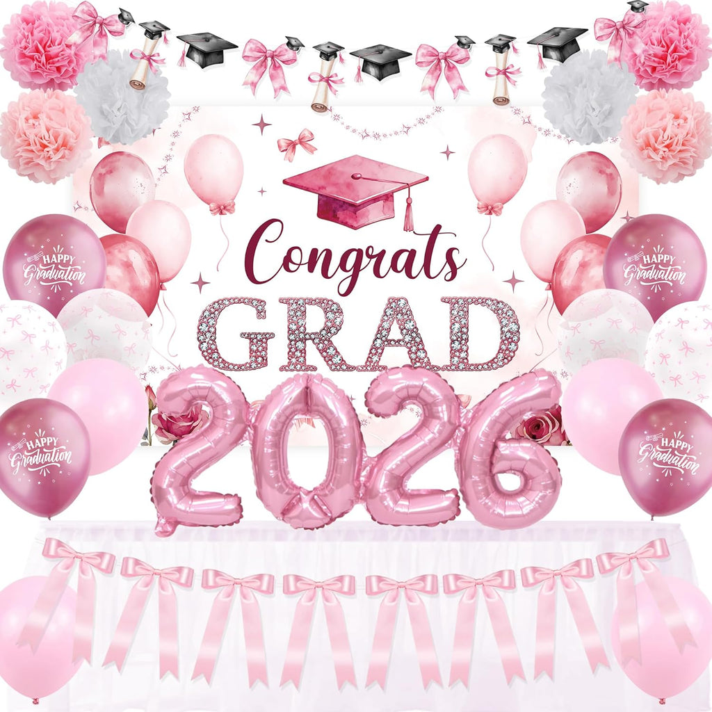Pink Bow Graduation Decorations - 2026 Grad Banner & Garland | 22PCS Party Supplies