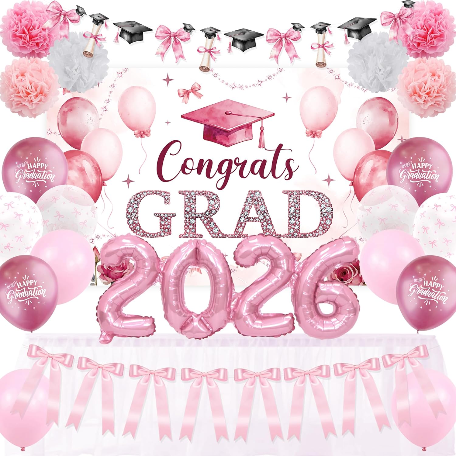 Pink Bow Graduation Decorations - 2026 Grad Banner & Garland | 22PCS Party Supplies