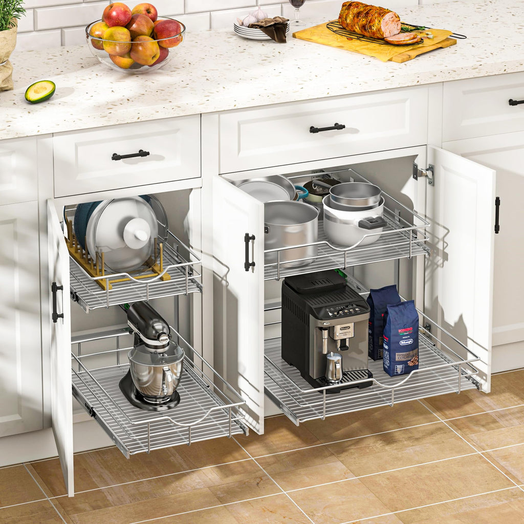 WelFurGeer 2-Tier Kitchen Cabinet Pullout Shelf and Drawer Organizer, Soft Close Pantry Pull Out Shelves, Heavy Duty Pull Out Cabinet Organizer with Shelf Liner for Kitchen Cabinets, Pantry Storage