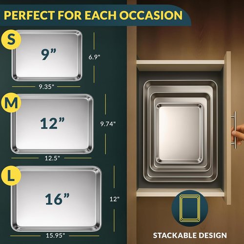 Baker’s Signature Stainless Steel Cookie Sheet Set - Non-Stick, Rust Resistant, Dishwasher Safe | 3 Sizes: 9/12/16 Inch