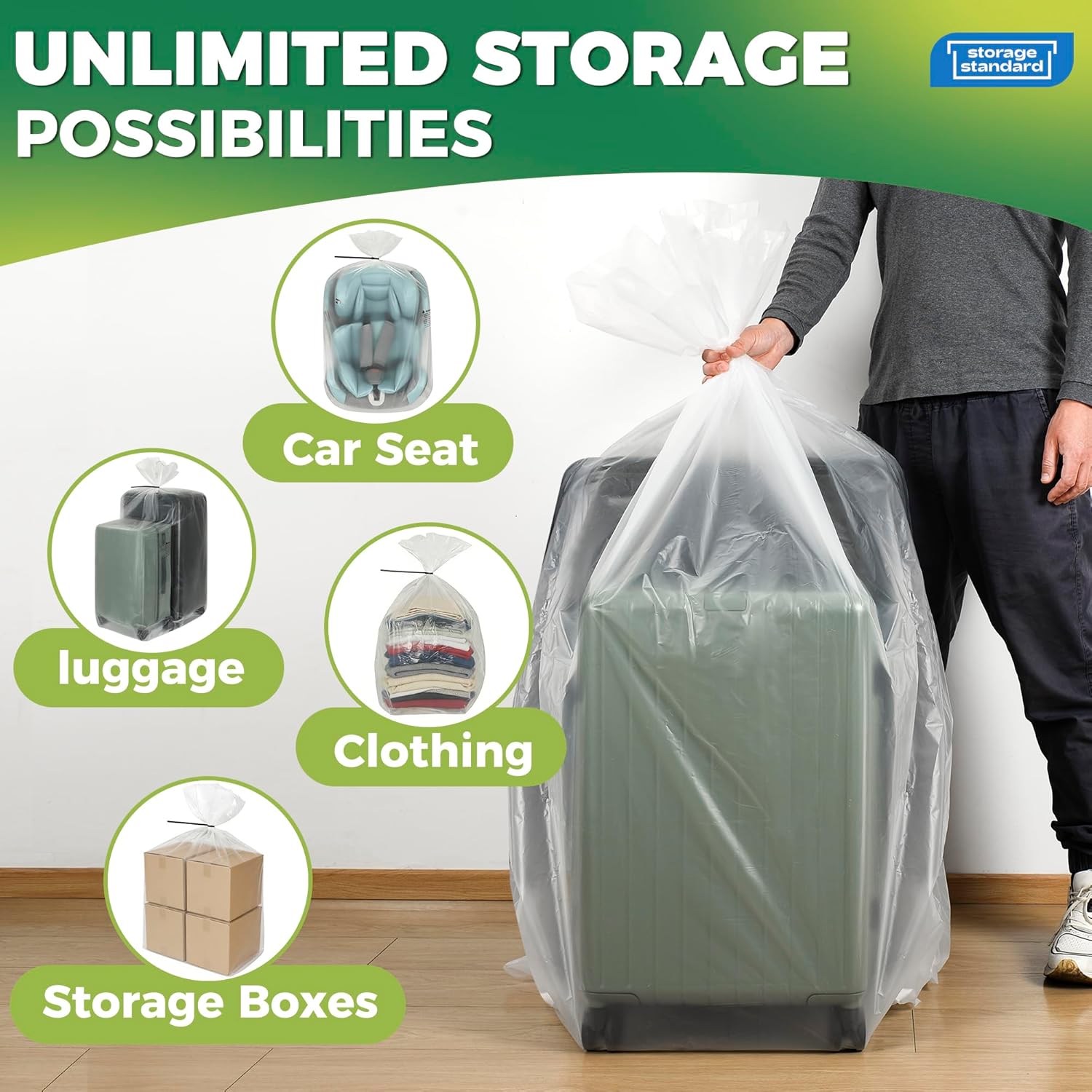 Storage Standard 6-Pack Large Clear Plastic Bags - Waterproof Heavy-Duty Zip Ties for Luggage & Travel Gear | 40 x 60 Inches