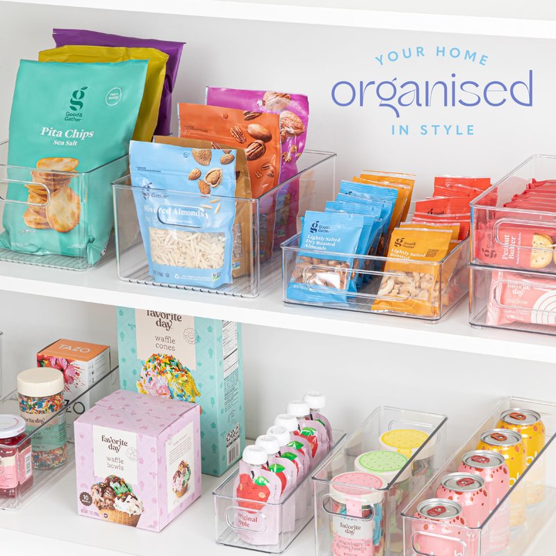 Plastic Food Storage 2 Pack Clear Container Bin with Handles for Organizing Kitchen, Pantry, Refrigerator, Freezer, Pantry, Cabinet, Closet, Bathroom. 14”X4”x4”