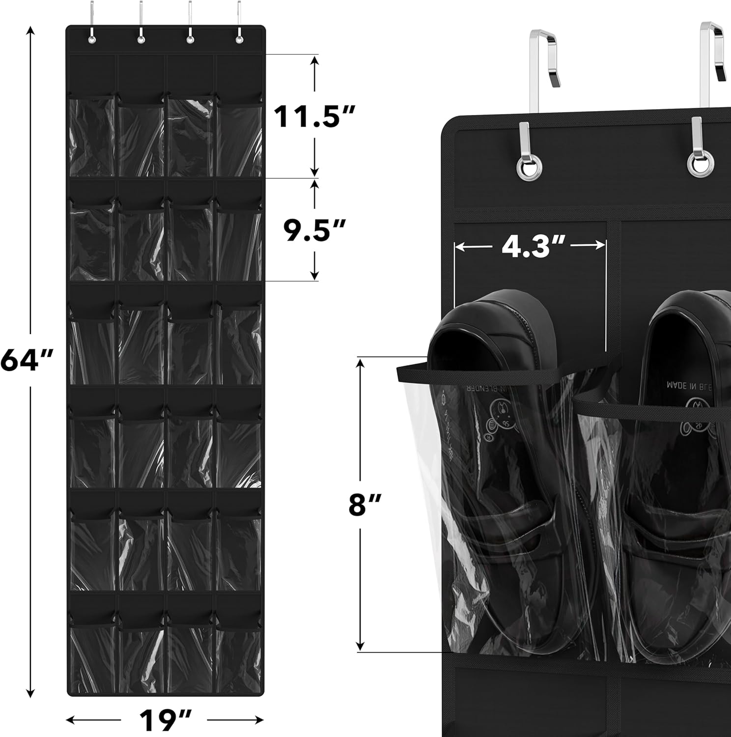 Simple Houseware 24 Pockets - Over The Door Hanging Shoe Organizer | Crystal Clear, Black (64'' x 19'')