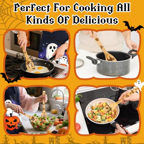 5 Pcs Halloween Kitchen Utensils Wooden Spoons Set-（with Aprons）Kitchen Cooking Utensils Set,Suitable for Home Halloween Kitchen Decor or Home Baking Championship-Gift-Ready