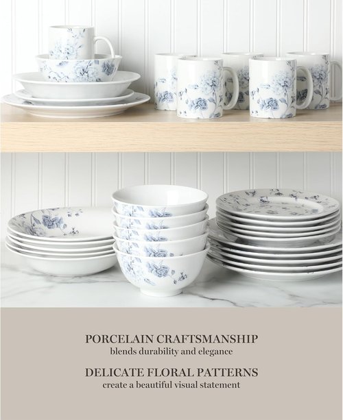 Martha Stewart Empress Bouquet Dinnerware Set - 30 Piece Porcelain Plates & Bowls | Chip & Scratch Resistant - Blue Floral