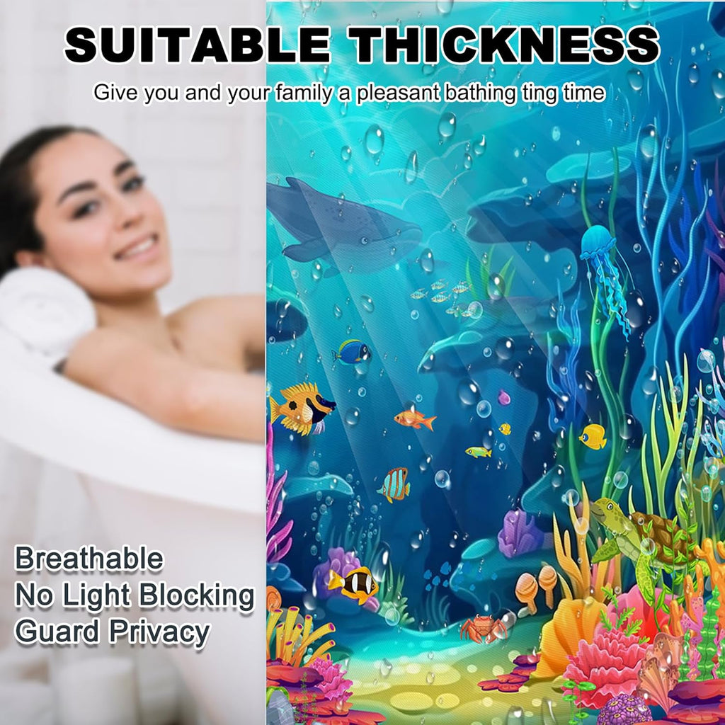 Skiennix Ocean Shower Curtain Set - Tropical Underwater World Design with Non-Slip Bath Rugs & Toilet Lid Cover | 4-Piece Kids Bathroom Decor
