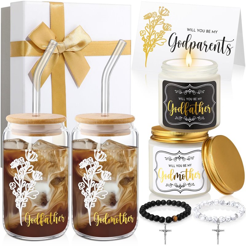 Yiyiring 9 Pcs Godparents Proposal Gift Set Will You Be My Godmother Godfather Glass Cup Scented Candle Cross Bracelet Cards Box from Godchild Baptism Padrino Madrina Uncle Aunt Gifts