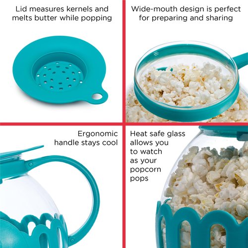 Ecolution Patented Micro-Pop Microwave Popcorn Popper with Temperature Safe Glass, 3-in-1 Lid Measures Kernels and Melts Butter, Made Without BPA, Dishwasher Safe, 1.5-Quart, Teal