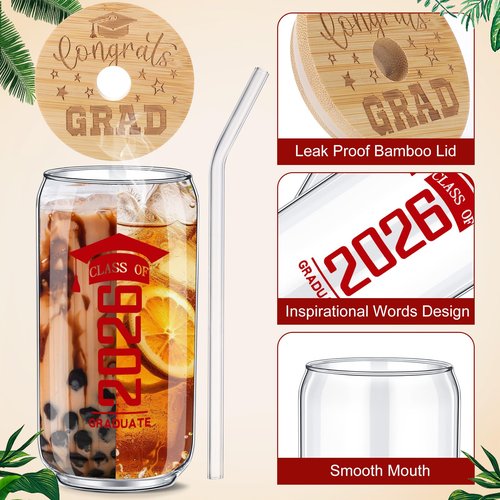 Suttmin 6 Pcs Class of 2026 Graduation Gifts Glass Cup with Bamboo Lids and Glass Straw, 2026 Graduation Gifts for Her Him, 16 oz College Masters Degree Can Shaped Cup(Red)