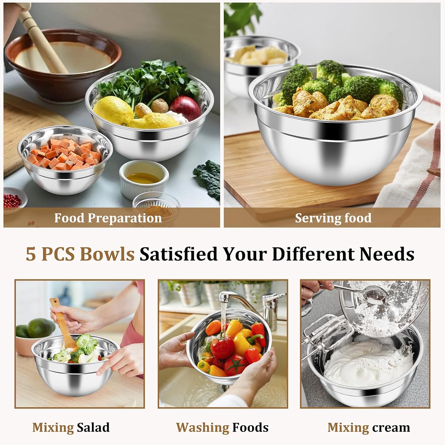 P&P CHEF Stainless Steel Mixing Bowls Set - 10-Piece with Airtight Lids for Kitchen Prep | Sizes 4.6QT to 0.7QT, Khaki