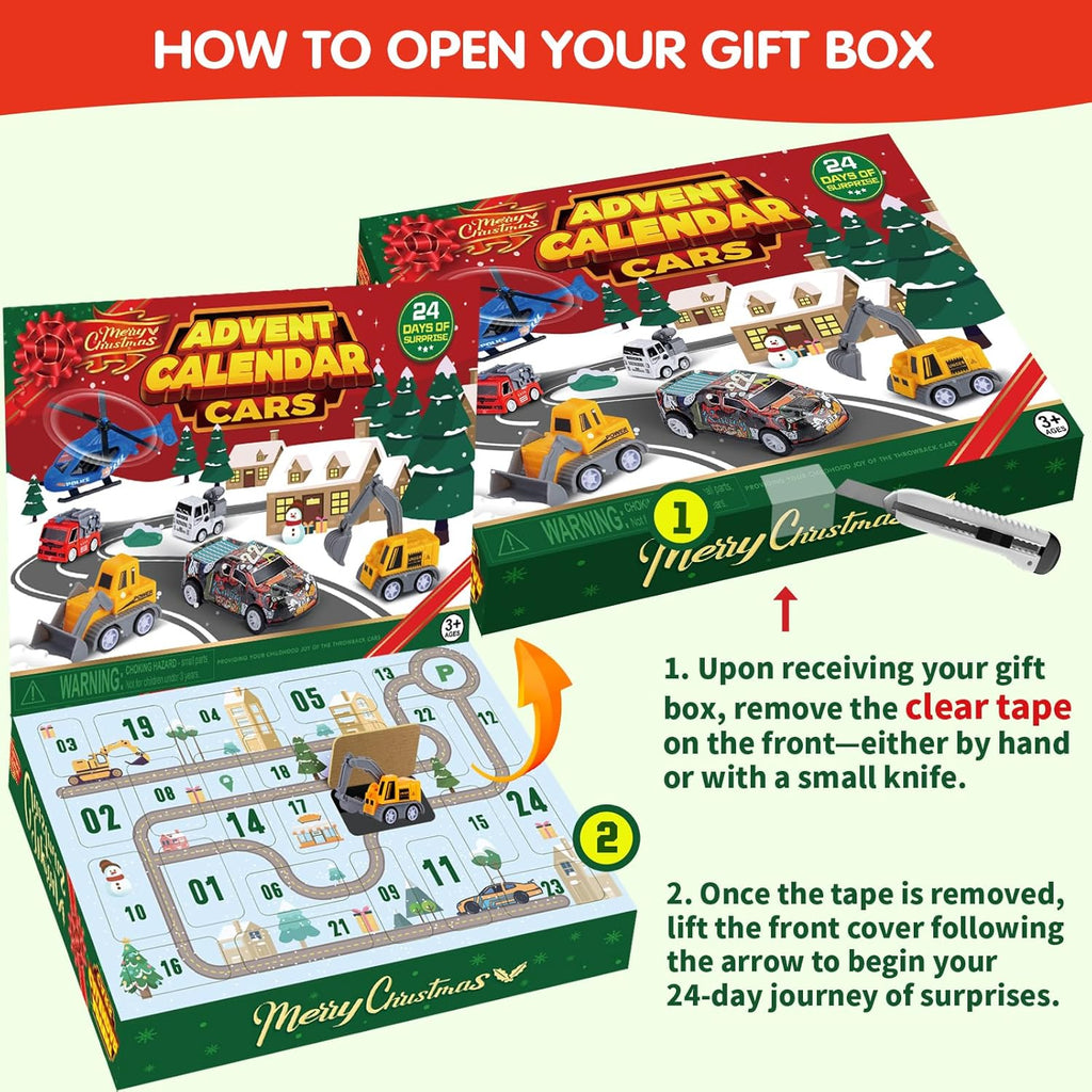 Quanquer Kids Advent Calendar - 24 Days Christmas Countdown with Pull Back Cars Set for Boys