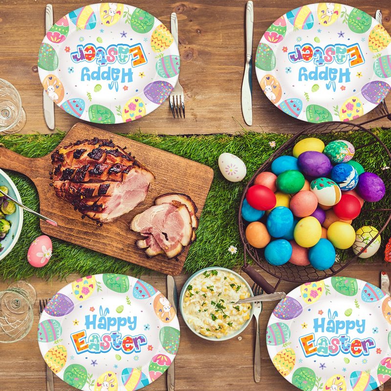 50 Count Easter Plates Heavy Duty, Large Disposable Easter Oval Paper Plates, 10" X 12.5" Happy Easter Platters Dinner Party Plate Pastel Eggs Dinnerware Tableware Spring Holiday Party Supplies