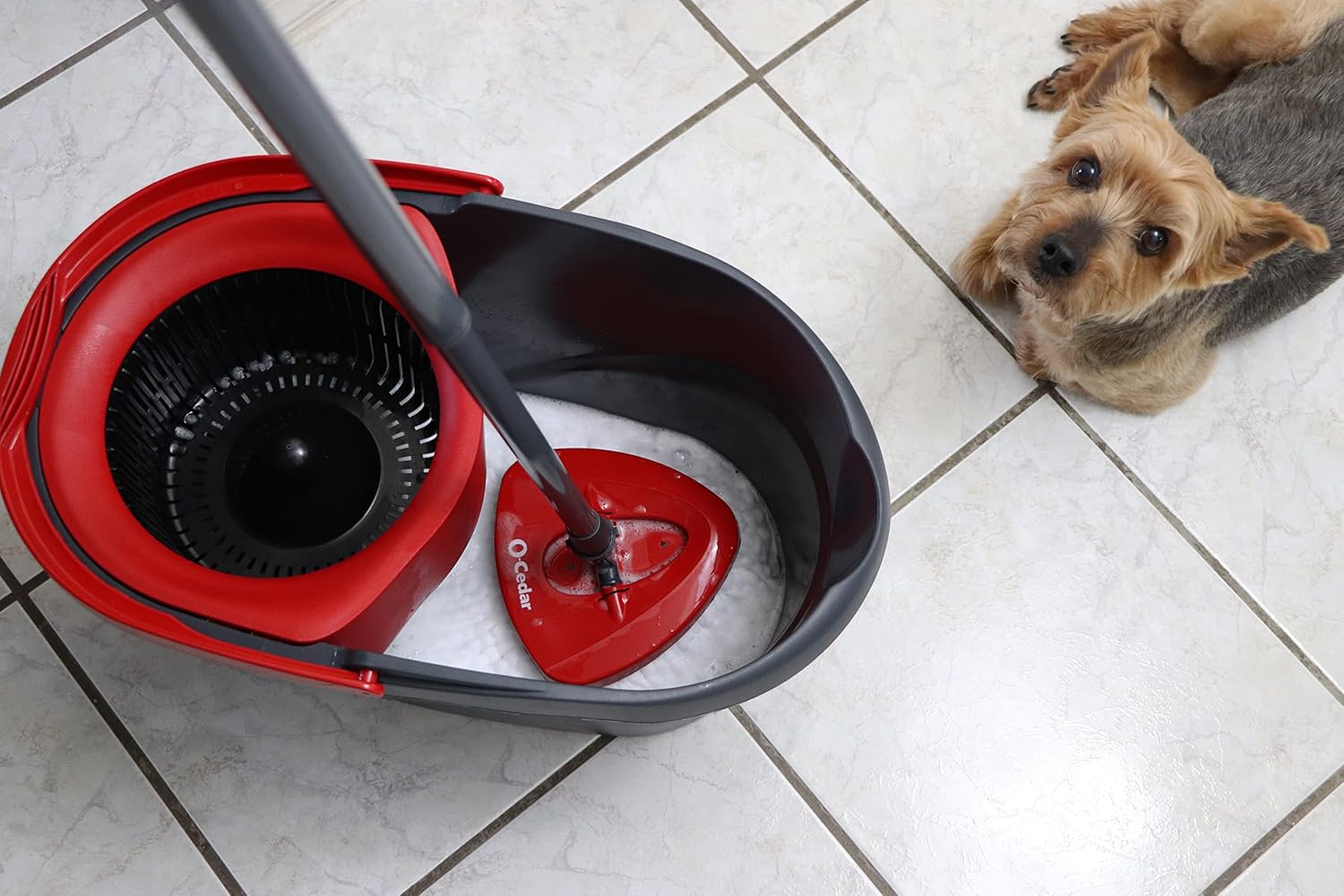 O-Cedar EasyWring Microfiber Spin Mop & Bucket System - Includes 1 Extra Refill, Red/Gray