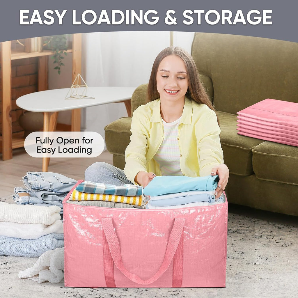 TICONN Extra Large Heavy Duty Moving Bags - Durable Storage with Zippers & Handles | 8 Pack, Coral