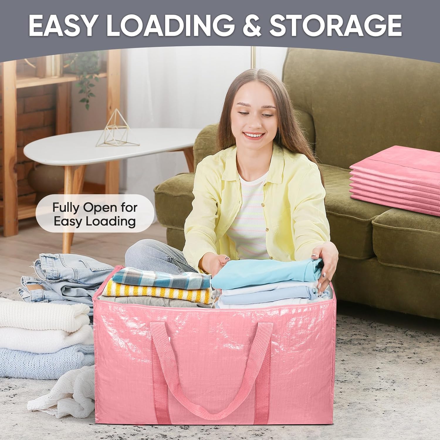 TICONN Extra Large Heavy Duty Moving Bags - Durable Storage with Zippers & Handles | 8 Pack, Coral