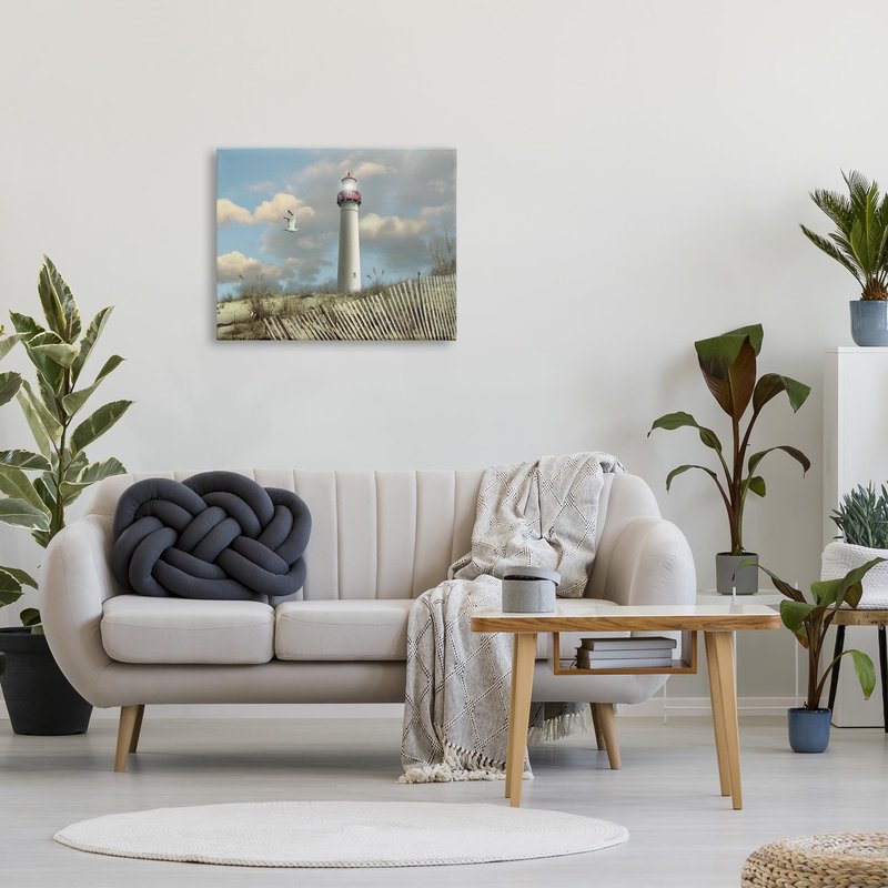 Stupell Industries 'Cape May Sand Dune Fence Lighthouse Beach Scene with Seagull', Canvas Art, 30 x 24 Inches, Easy to Hang and Sturdy, Made in USA, by Alan Giana & Company