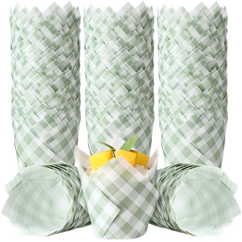 Maxdot 200 Pcs Sage Green Gingham Plaid Tulip Cupcake Liners for Baking Paper Muffin Baking Cups Checkered Tulip Muffin liners Wrappers for Bridal Baby Shower Wedding Birthday Party Decor