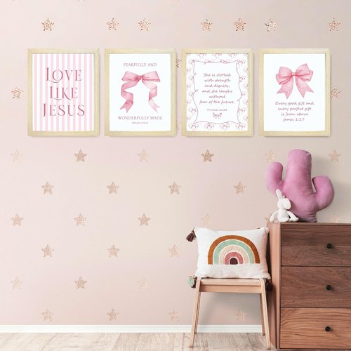 LARTSFRO Coquette Pink Bow Wall Art Decor - Inspirational Bible Verses | Set of 4, 10x8 Inch for Teen Girls