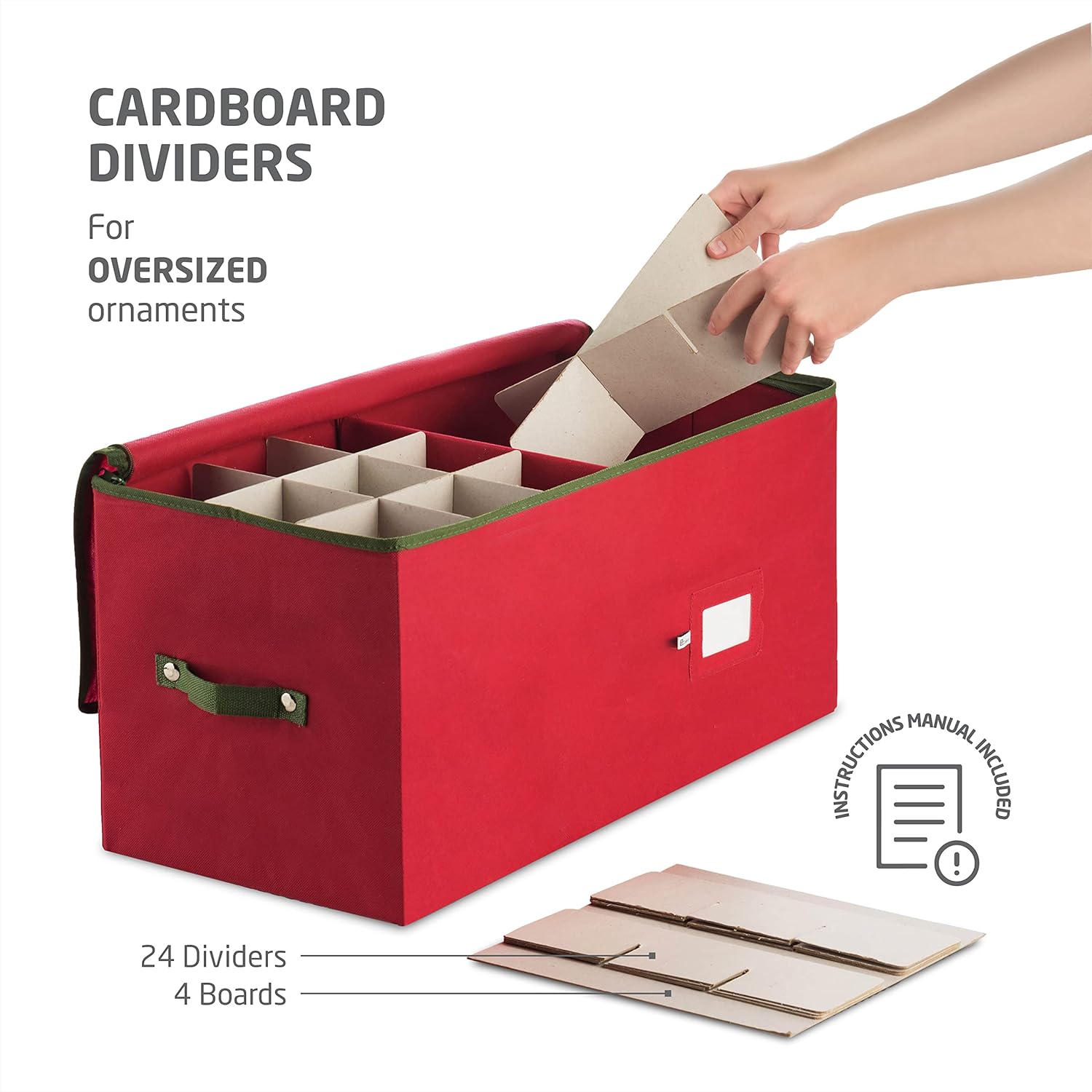 ZOBER Large Christmas Ornament Storage Box - Organizes 54 4" Ornaments with Dividers - Durable Red Container