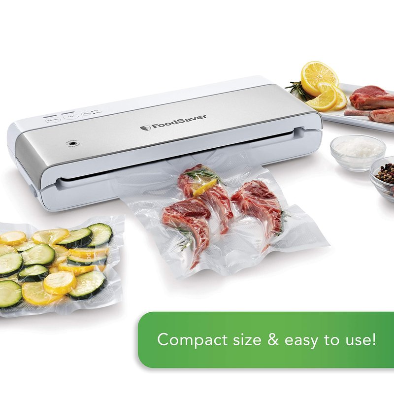 FoodSaver Compact Vacuum Sealer Machine with Sealer Bags and Roll for Airtight Food Storage and Sous Vide, White & 1-Quart BPA-Free Multilayer Construction Vacuum Zipper Bags, 18 Count