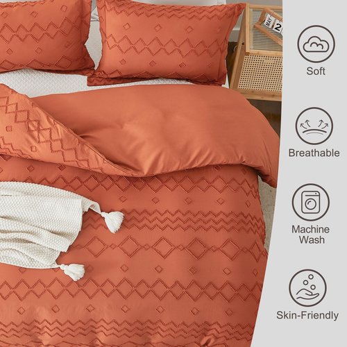 EMME Duvet Cover Set Microfiber, Tufted King Duvet Cover Set, Boho Bedding Sets for All Seasons, 3 Pieces Embroidery Chic Duvet Cover Full, 1 Duvet Cover + 2 Pillowcases (Pumpkin, King)