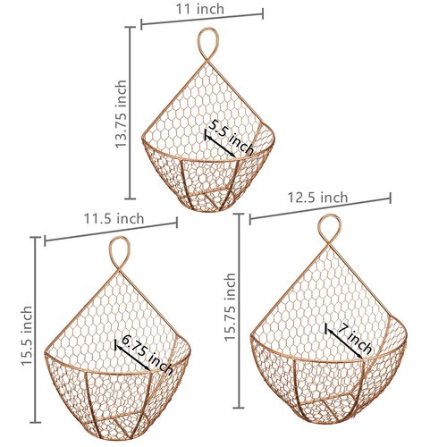 MyGift Set of 3, Farmhouse Copper Metal Wire Mesh Wall Hanging Baskets, Wall-Mounted Storage Basket, Decorative Kitchen Fruit Wall Basket Produce Holder